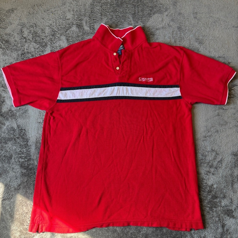 Chaps Ralph Lauren Mens XL Red Striped Pique Polo Shirt Short Sleeve Cotton